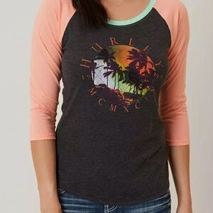 Hurley Space Age 3/4 Length T-Shirt Woman Lg Black and Peach Raglan Tee Like New